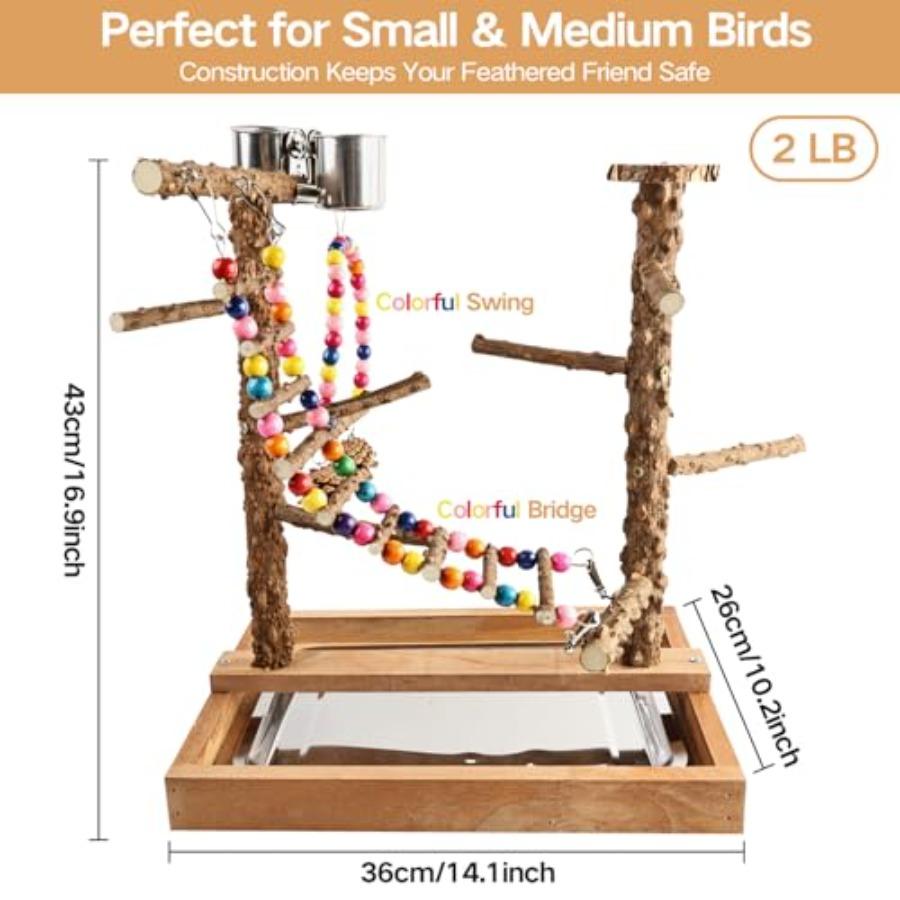 Bird Perch Play Stand Playground, Conure Parakeets Parrots Cockatiel Toys, for Bird Cage Accessories, Natural Wood