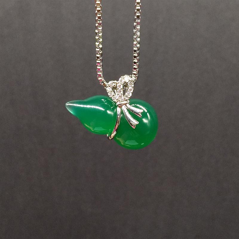 Ice Green Agate Chalcedony Gourd Pendant Necklace with Gold Inlays