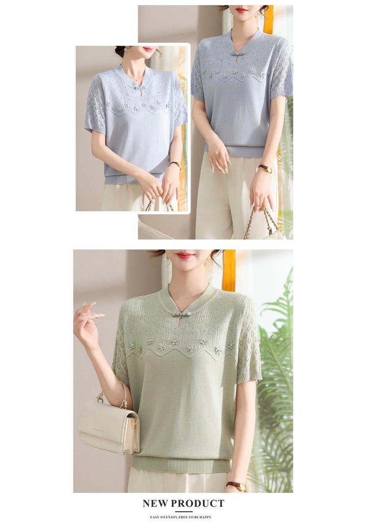 Chic Knitted Short Sleeve Summer Top for Women - Age-Defying Fashion for Middle-Aged and Elderly