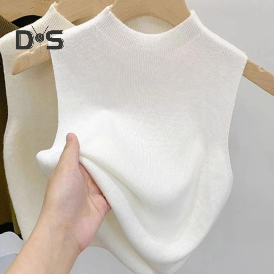 Women Knitted Vest Tops Slim Fit Half-High Collar Sleeveless Top Solid Color Stretchy Knit Blouse Daily Wear