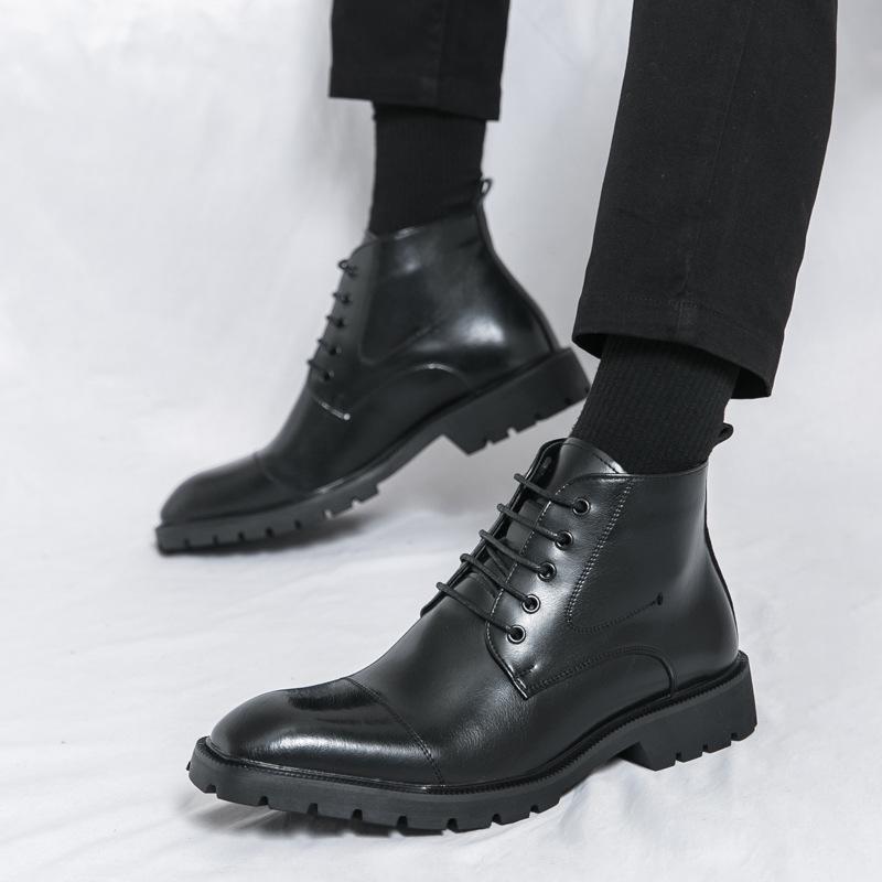 Men's leather boots Fashion men's high-top leather shoes Large size New trend Martin boots British style business leather shoes