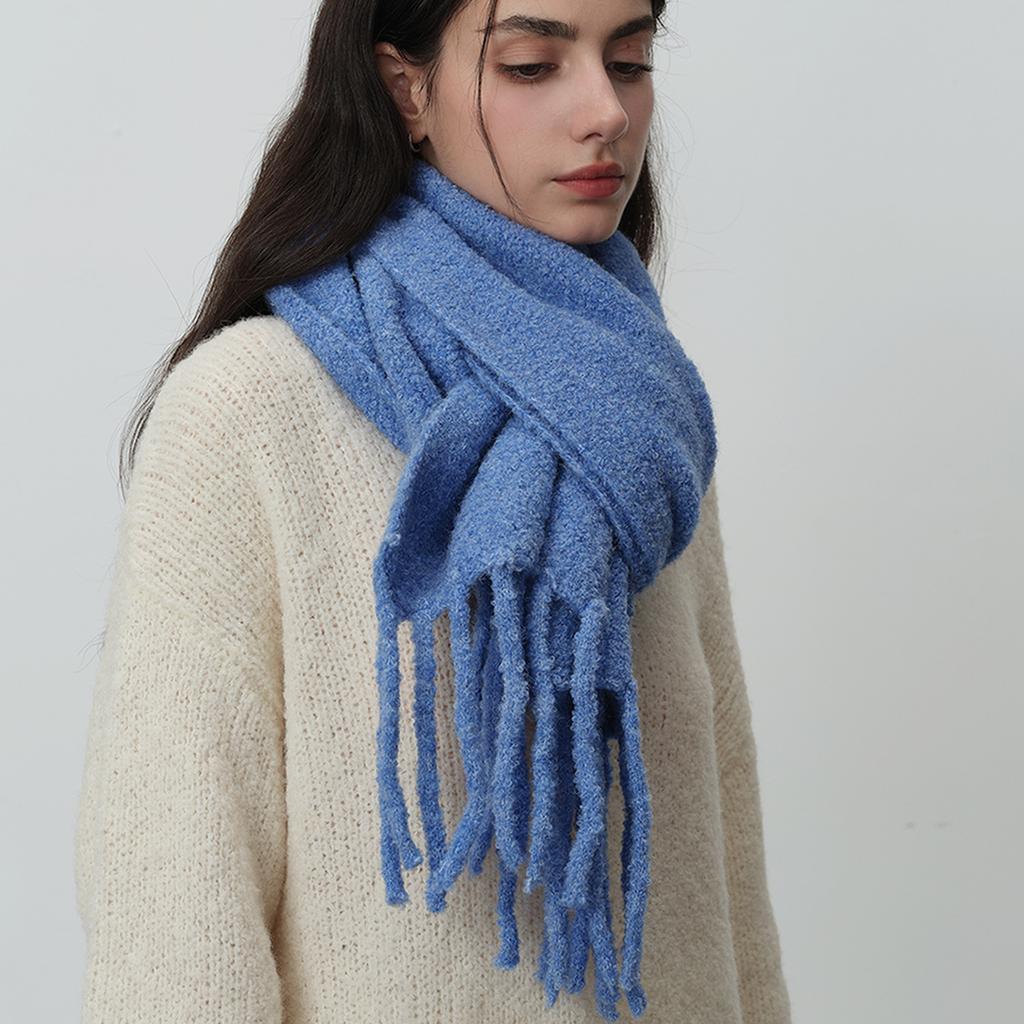 Homemade glacier blue with wool tassel solid color knitted scarf women's winter warm atmosphere soft shawl scarf