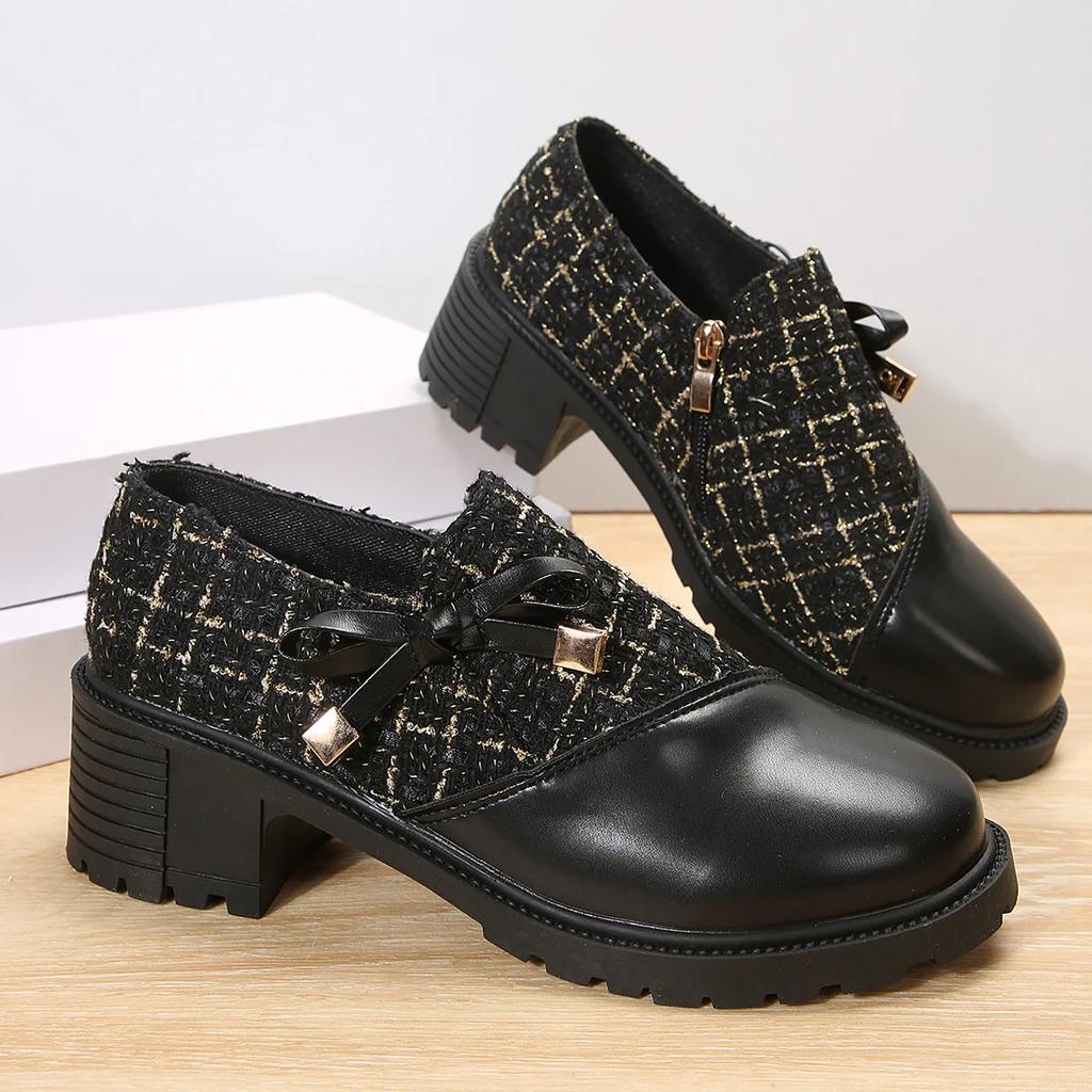 Fashion Comemore Women's Elegant Colorblock Pumps 2025 Spring New Thick Heel Ladies Single Shoes Round Toe Bowknot Decor Heels for Women