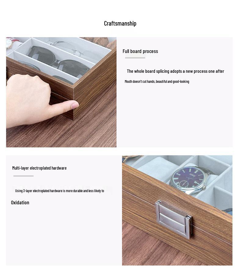 Black Walnut Wood Grain Box: Multifunctional Storage for 6 Watches & 3 Eyeglasses