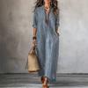 Women's V Neck Three Quarter Sleeve Loose Straight Waist Casual Vertical Striped Maxi Dress Boho Travel Shirt Gown