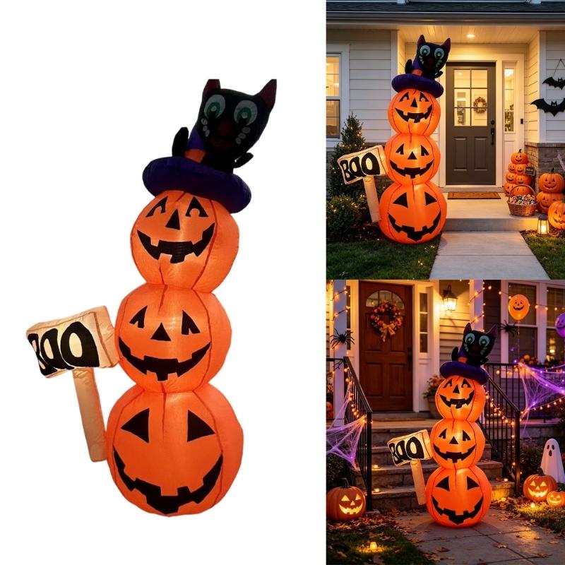 Seasonal Inflatable Yard Figure, Tall Halloween Display with Smiling Character Stack and Hanging Sign for Porch Entry Party Styling
