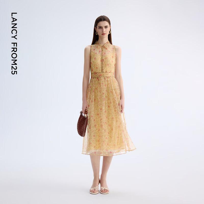 LANGZI Floral Sleeveless Shirt Collar Midi Dress