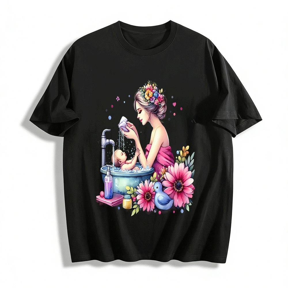 Mother And Baby Bath Print Top Warm Maternal Love Themed Shirt Pure cotton T-shirt XXS