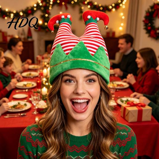 Christmas Party Hats for Adults Kids Elf Hat Soft Flannel Santa Cap with Pom Bell Colorful Themed Costumes Kids Stretchy Holiday Headwear,