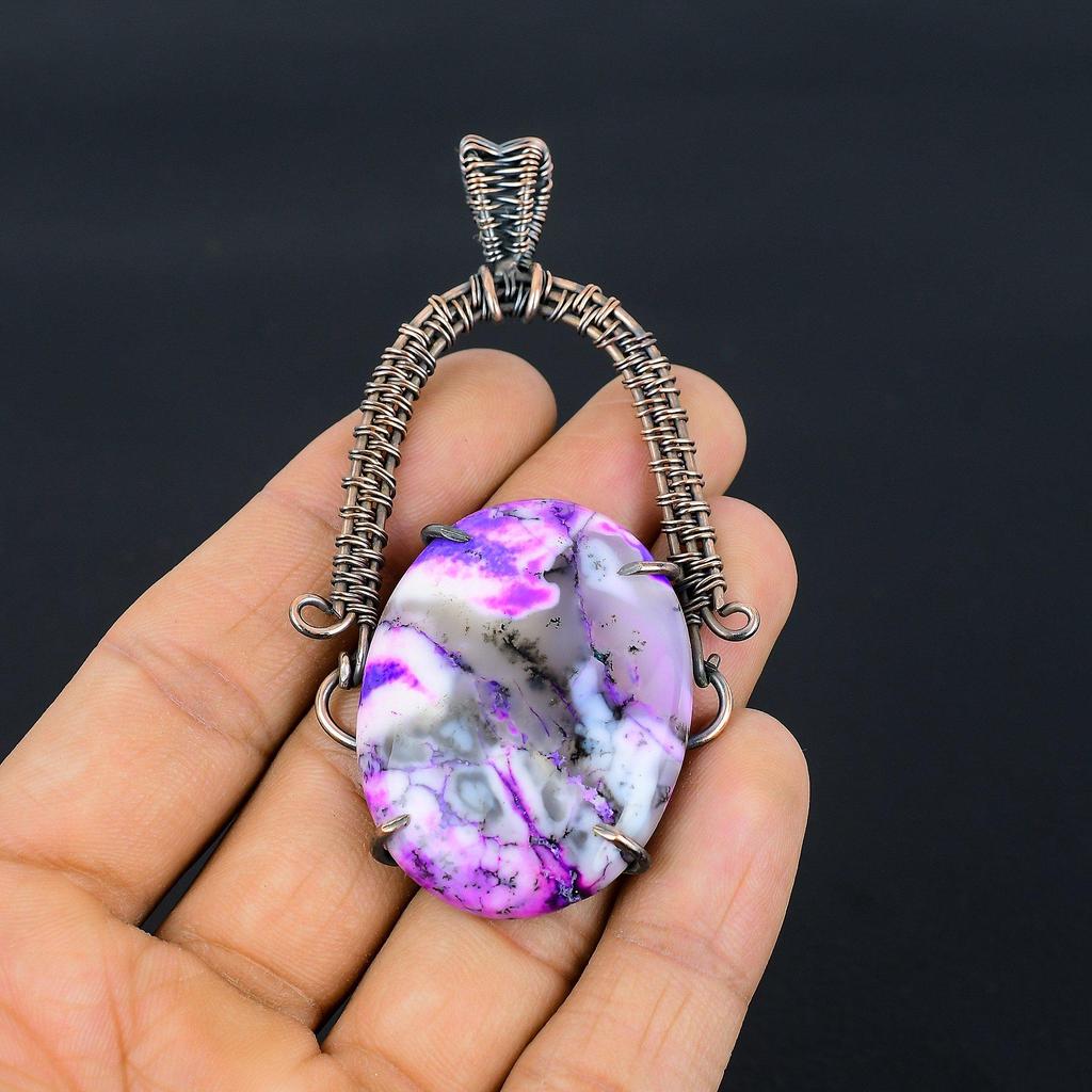 Pink Dendrite Opal 999 Copper Wire Wrapped Pendant, Handmade Gemstone Pendant Jewelry, Gifts For Wife Brand New Pendant