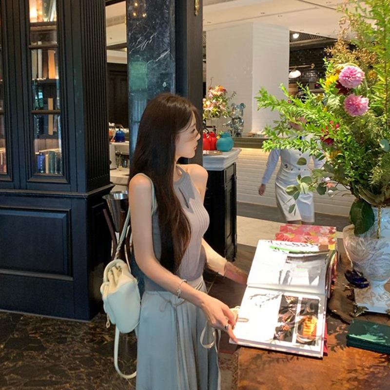 

Топ-майка женская с вырезами, базовый слой, весна-лето, нижнее белье, сексуальный, милый, для горячих девушек, вязаный топ без рукавов из ледяного шелка L серый