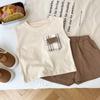 0-5-Year-Old Boy's Sleeveless Set - Round Neck Checkered Pocket Top+Casual Shorts - Children's Handsome Cotton Clothes - Size S-XXL