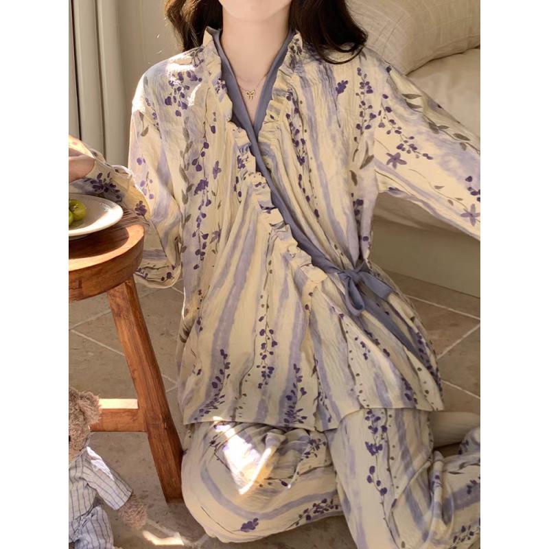 Spring 2026 Women's Cloud Cotton Tie-Up Long Sleeve & Pants Set - Sweet, Cute, Comfortable Home Wear
