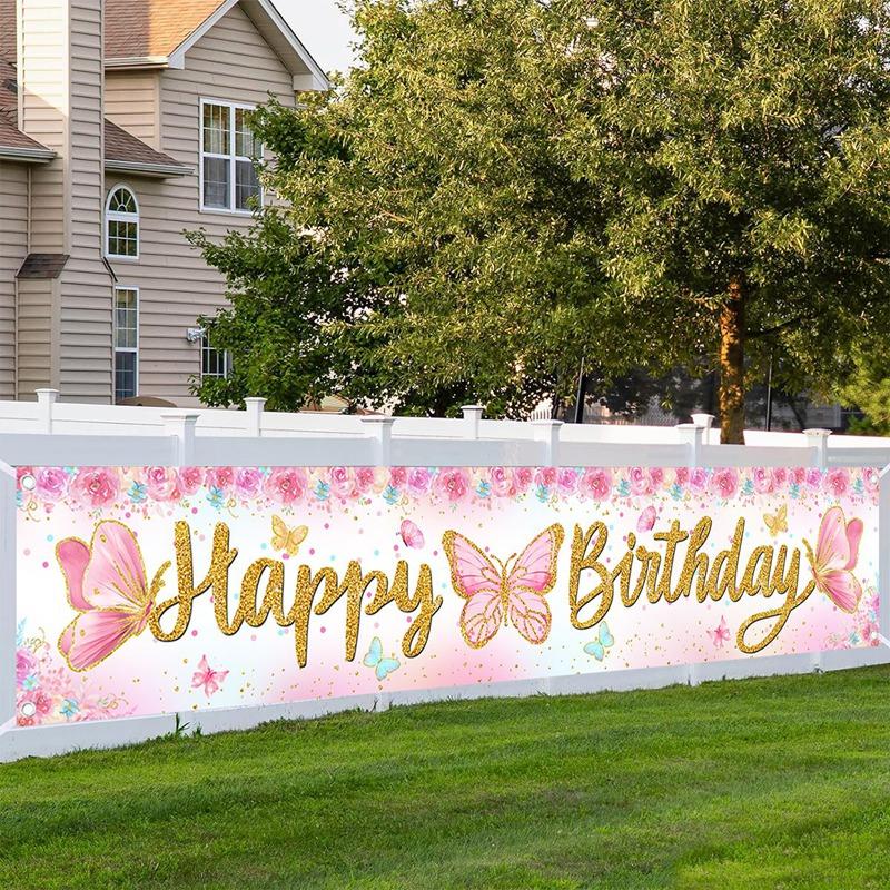 Pink Purple Butterfly Flower Birthday Backdrop Banner Butterfly Birthday Party Decoration Kids Wedding Birthday Girl Baby Shower
