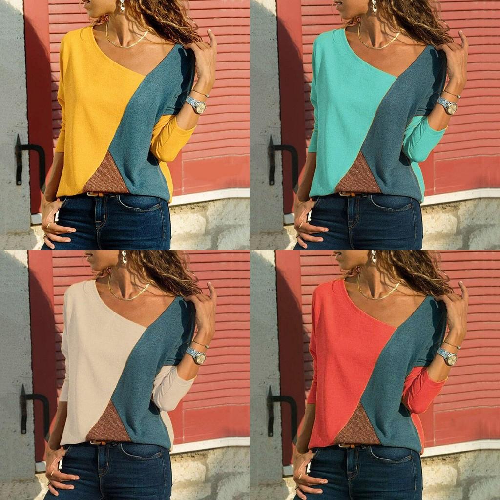 Elegant Women T-shirts Long Sleeve Round Neck Patchwork Pullover Slim Fit Female Tops