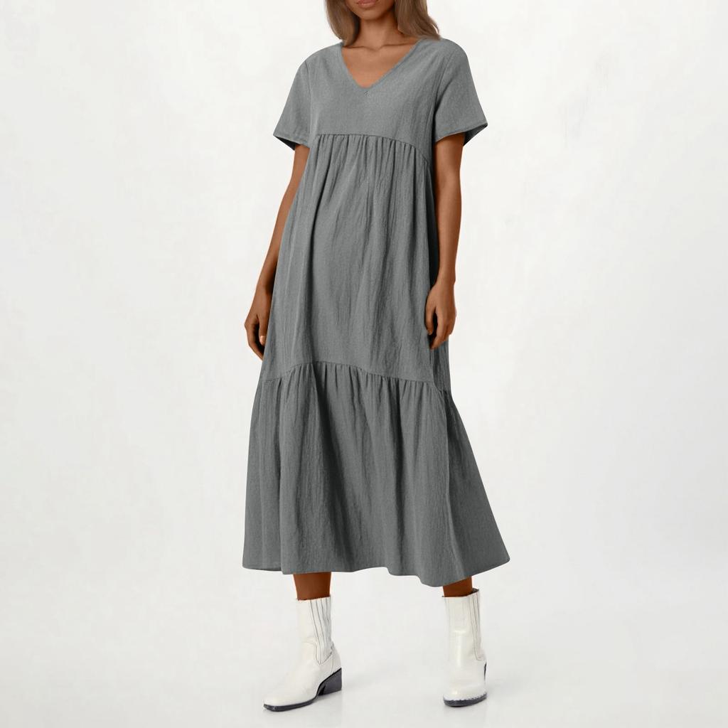 Women's Summer Fashion V-neck Solid Color Large Size Loose Long Large Swing Short-sleeved Dress