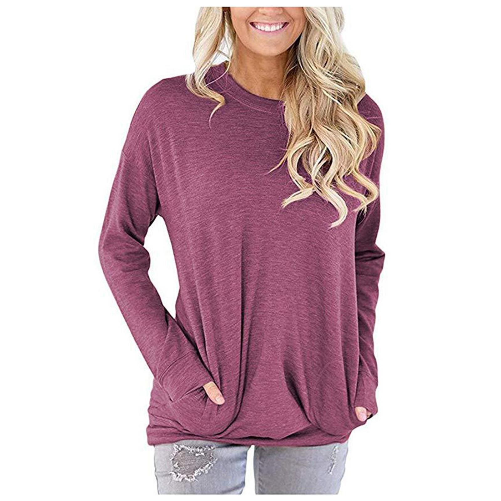 

Женская модная повседневная футболка с круглым вырезом, цветная, с длинным рукавом и карманом, топ XXL