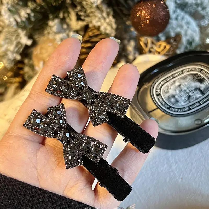 2Pcs Sweet Bow Rhinestone Hair Clips Girls Kawaii Cute Headwear Velvet Bowknot Duckbill Clips Kids Sided Clips Bangs Hairpin