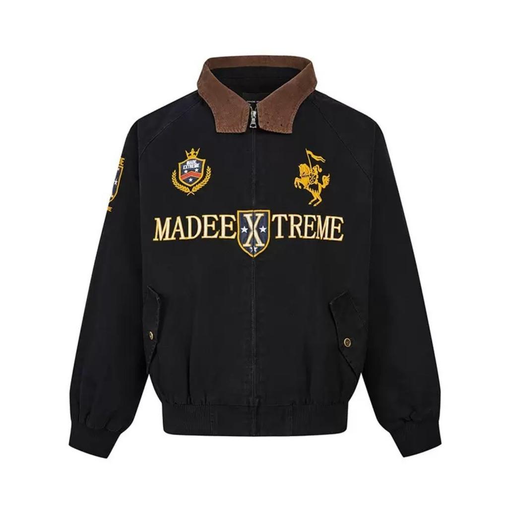 ZYLLO Veste à fermeture éclair tendance brodée style rétro vintage américain Homme Hip Hop Col à revers Bomber Y2K Streetwear Vestes décontractées amples