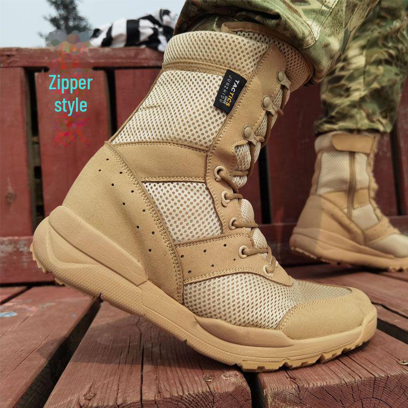 Summer Ultra-Light Breathable High-Top Desert Canvas Combat Boots - Lightweight Military-Style Outdoor Shoes with Zipper