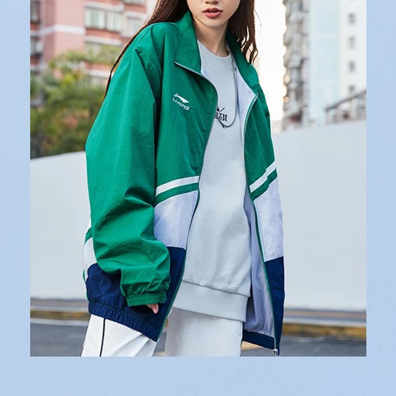 Li Ning Sports Fashion Series Color Block Logo Loose Stand Collar Jacket Autumn Unisex Jacket Green AJDQ036-5