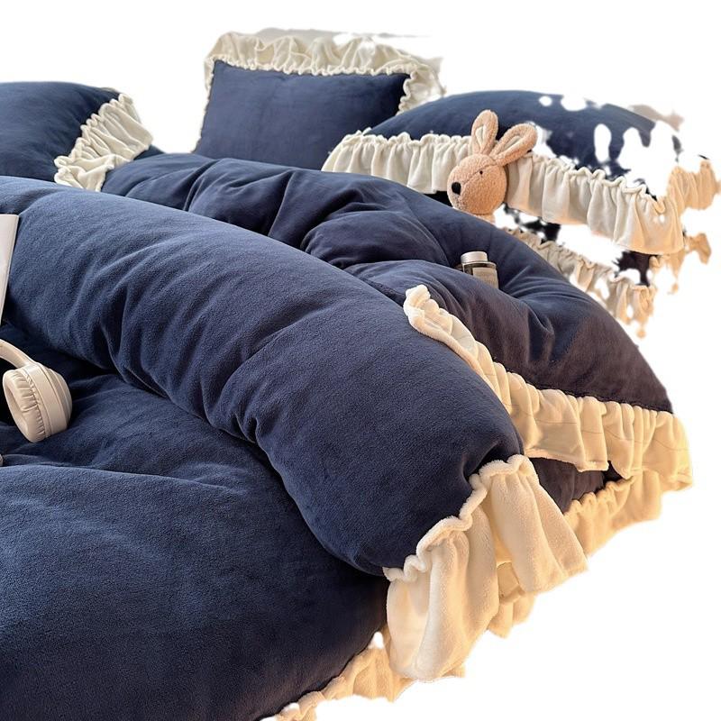Elegant Princess-Style Velvet & Lace Winter Bedding Set – Duvet Cover & Flannel Sheet  