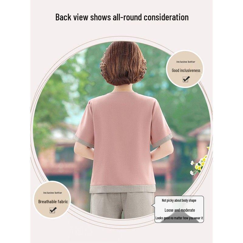 Mom's Summer Cotton Linen Two-Piece Set: Stylish Short-Sleeve T-Shirt for Middle-Aged and Elderly Women 2026