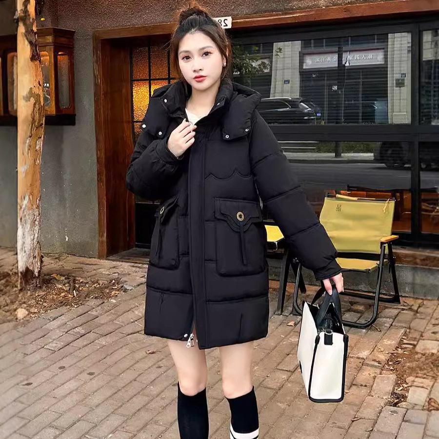 Winter new medium and long down cotton-padded clothes women's loose hooded cotton-padded clothes thickened cotton-padded jackets warm jackets