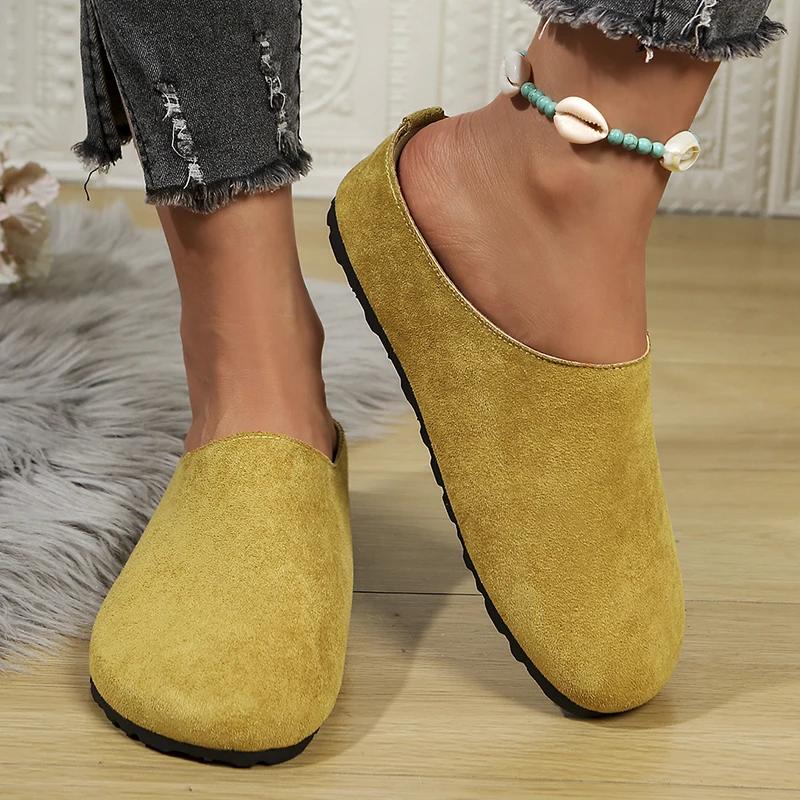 Fashion Spring Round Toe Cork Clogs Slippers for Women Outdoor Cork Footbed Flat Heels Mules Shoes Woman Plus Size Suede Slides Female