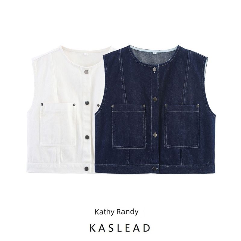 Kaslead New Women clothes Western Style Fashion Simple and Versatile 2-Color Denim Button Buckle Vest Top