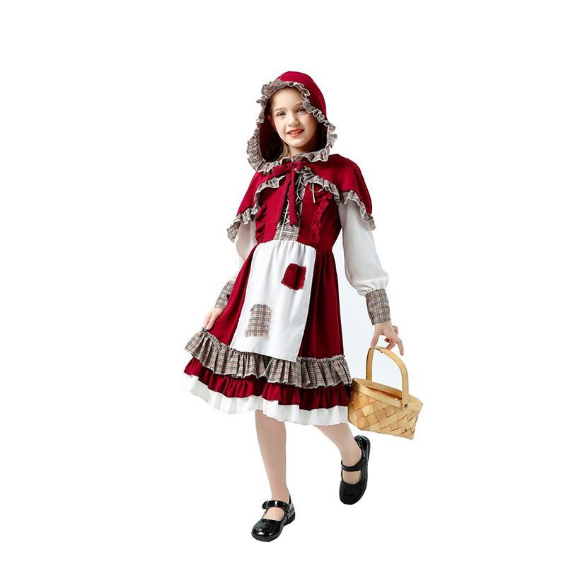 Sweet Fairy Tale Costume Women Cosplay Little Red Riding Hood Plush Cape Dress Farmhouse Maid Outfit Halloween Party