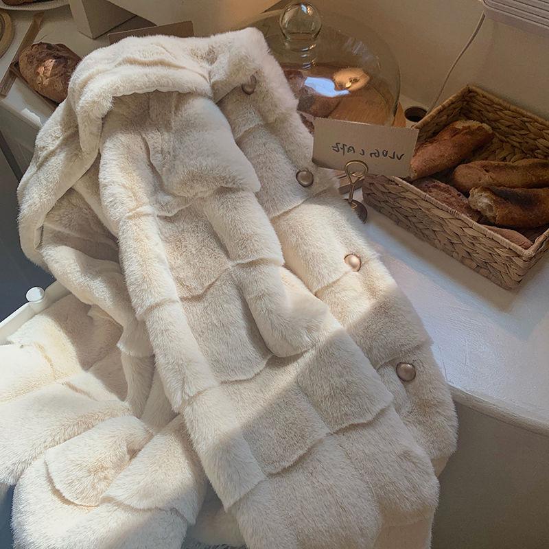 2023 Korean Style Women's Faux Rex Rabbit Fur Plush Winter Coat