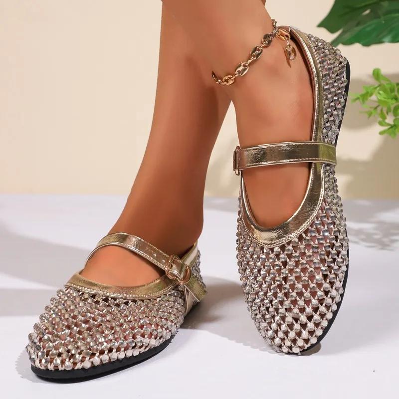 Fashion 2025 New Women Sandals Designer Mesh Mary Jane Shoes Ladies Luxury Crystal Rhinestone Fishnet Flat Shoes Women Plus Size Loafers