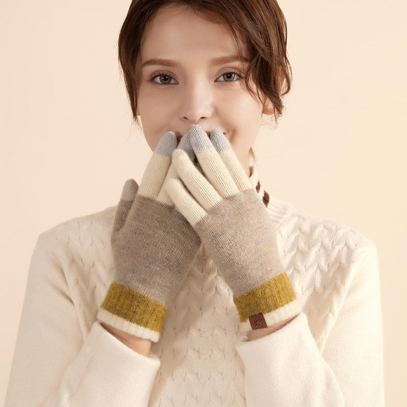 

Adult wool thermal gloves winter outdoor cold gloves wind versatile contrasting knitted gloves women average size хаки
