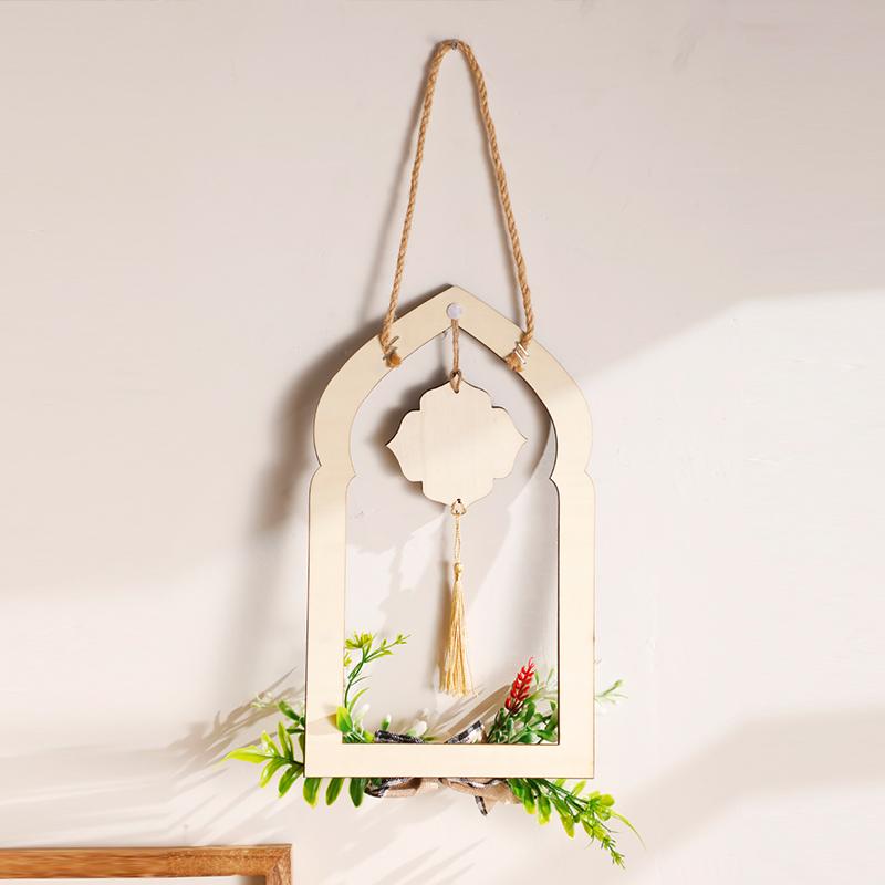 Ramadan Wooden Wall Hanging Decor Islamic Arch Design with Floral Tassel Festive Home Wall Decoration for Ramadan Eid Gift