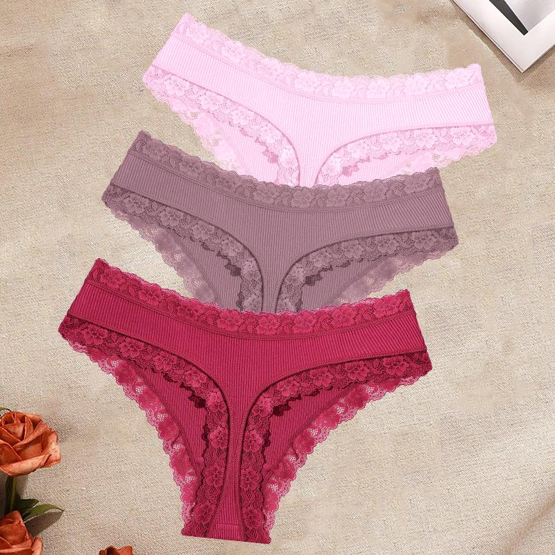 FINETOO 3Pcs/Set Women's Cotton Lace Thongs Underwear Seamless Low Waist Ribbed Breathable Panties Female Soft Comfortable Sexy Lingerie