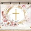Elegant floral religious party background, featuring golden glitters and cross designs, suitable for baptisms, Communion, etc