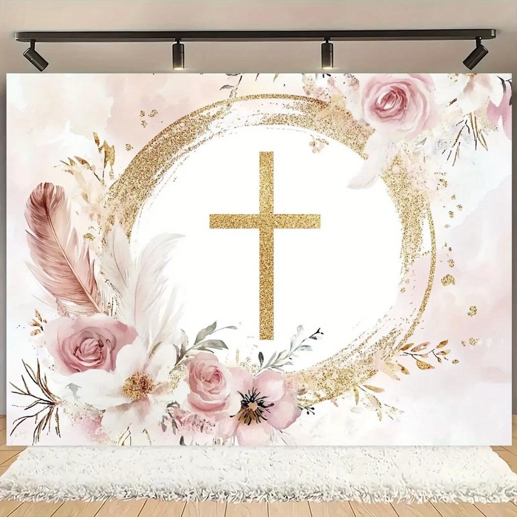 Elegant floral religious party background, featuring golden glitters and cross designs, suitable for baptisms, Communion, etc
