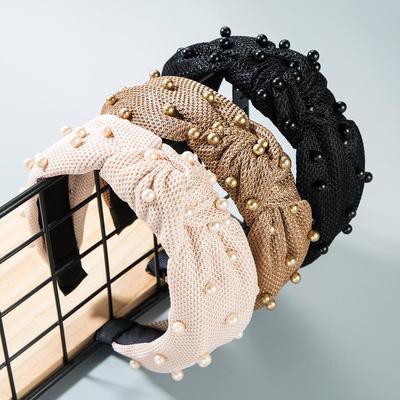 Women Hair Band Pearl Velvet Bow Wide Edge Headband Mesh Headwear