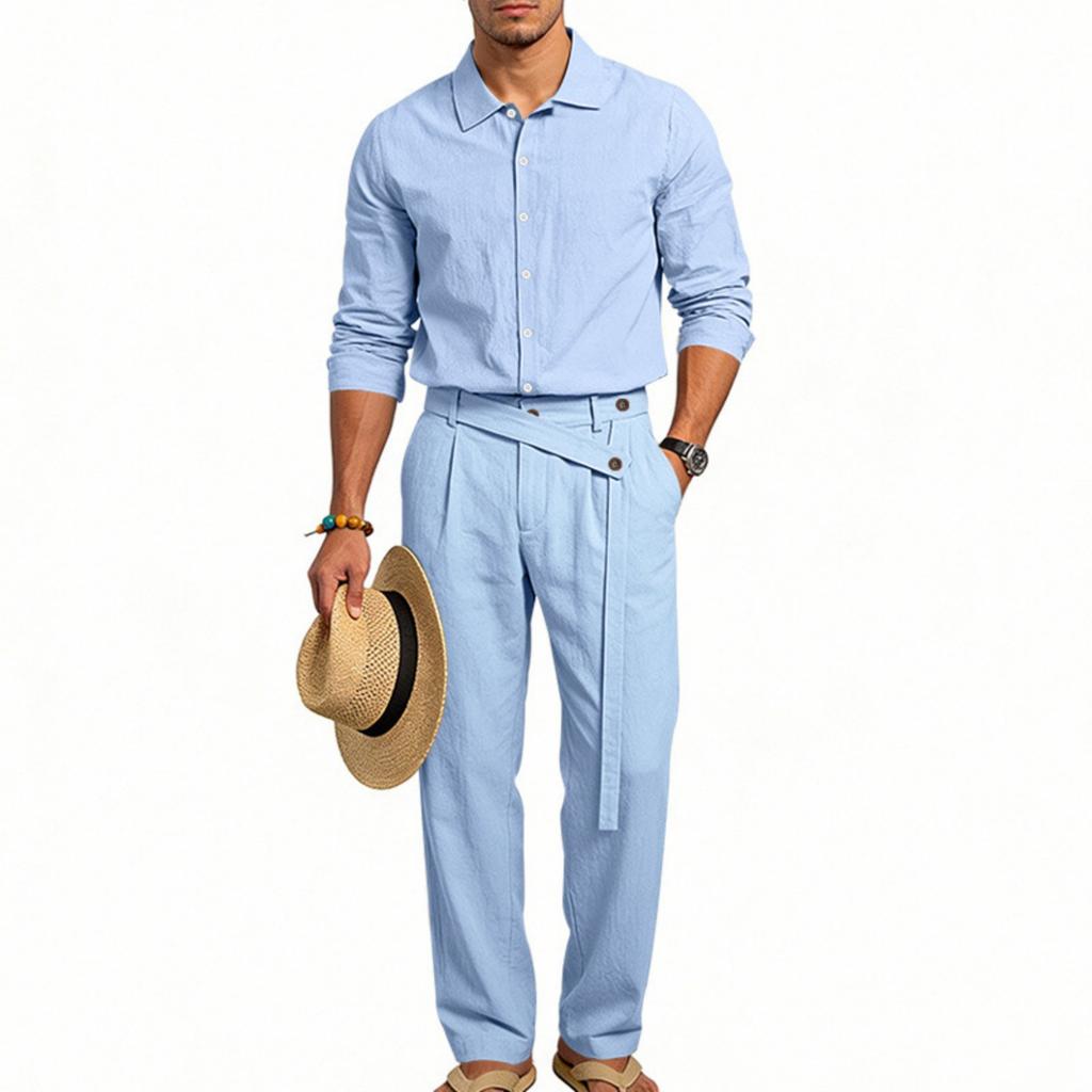 Men's Casual Linen Long Sleeve Shirt and Pants Set Two Piece Outfit for Summer Everyday Wear
