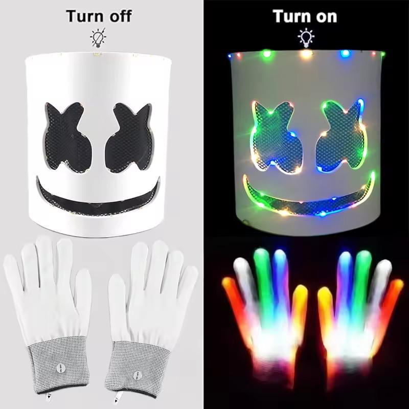Led Light Up Mask and Gloves DJ Marshmello Head Helmet Light Up Cosplay Head Cover for Men Women Music Festival Halloween Props
