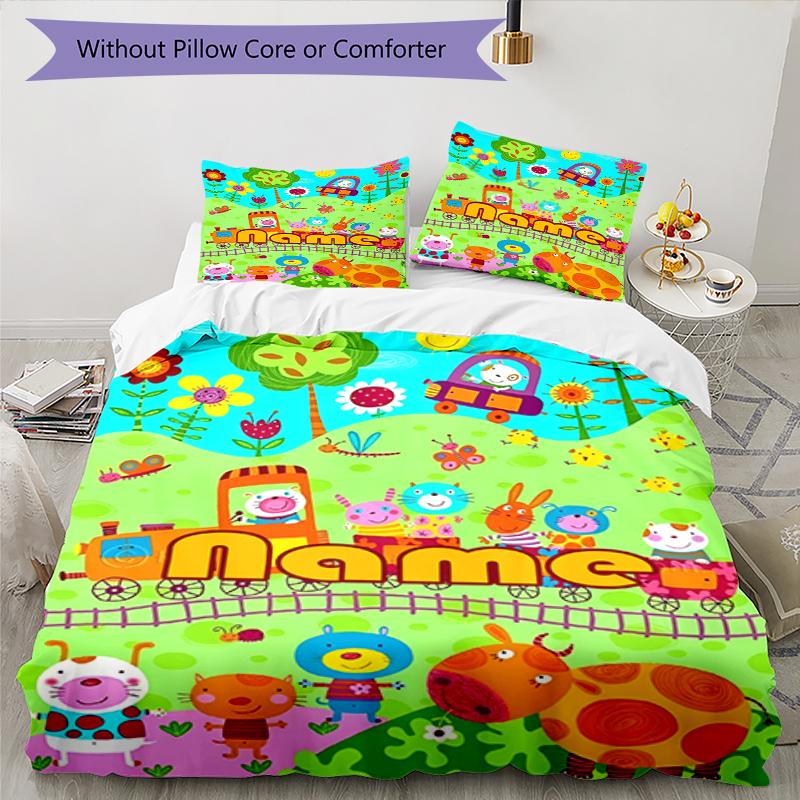 3pcs Custom Name Animals Bedding Set Duvet Cover Closure Includes 1 Duvet Cover & 2 Pillowcases, Soft and Comfortable for All Seasons.