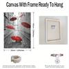 Framed - Modern City Streets, Red Umbrella Print, Multiple Scene Display, Framed Canvas Poster - Vibrant Decorative Artwork