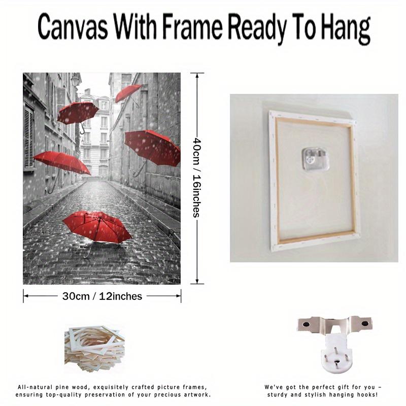 Framed - Modern City Streets, Red Umbrella Print, Multiple Scene Display, Framed Canvas Poster - Vibrant Decorative Artwork