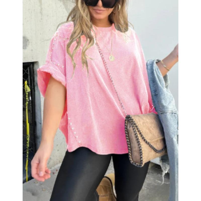 DAFIFY Women's Fashion Casual Summer Spring Solid Color Print Short Sleeve O-Neck Blouses & Shirts