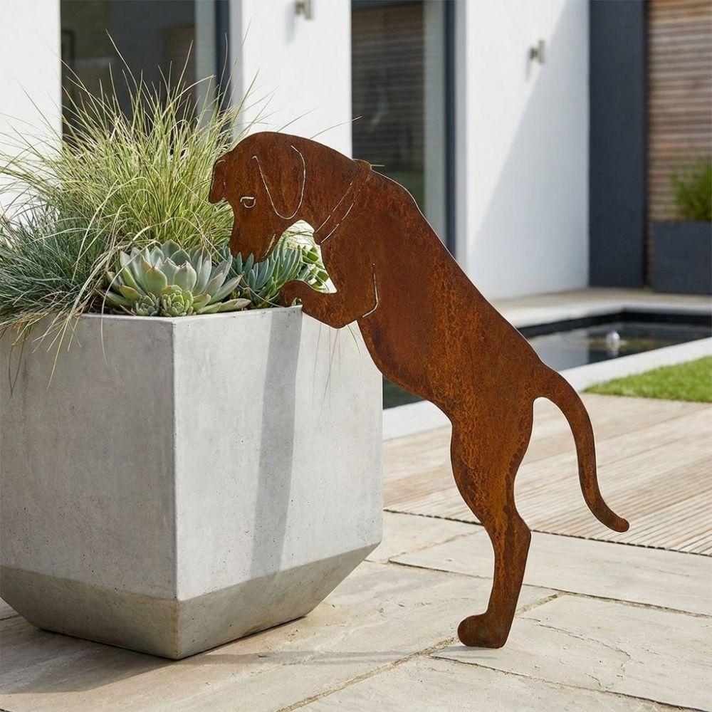 Rostige Oberfläche Hundentopf-Halter Dekoration Rustikale Tier Silhouette Gartenstatue Außenhof Dekoration