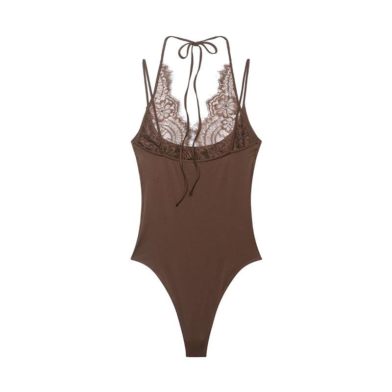 Black Lace Bodysuit Women Rompers 2026 Sexy Summer Sleeveless Spaghetti Strap Tank Top Bodysuits Sexy Jumpsuit Overalls S коричневый