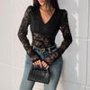 New Autumn Women's Lace Patchwork Long-sleeved V-neck See-through Jumpsuit