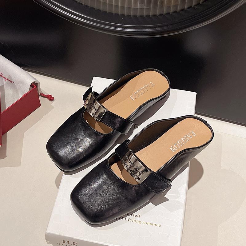 Fashion Aphixta Metal Buckle Spring Slippers Square Toe Outdoor Woman Shoes Slip On Low Heel Slides zapatos de mujer pantunflas Size 42