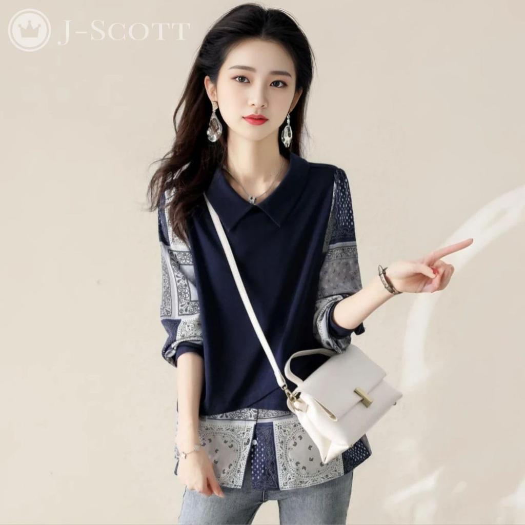 Layered Chiffon Blouse with Paisley Puff Long and Contrasting Navy Blue J-Scott Women's Print, Sleeves, Sleeves, Fabrics, (JS33-NV-2XL)